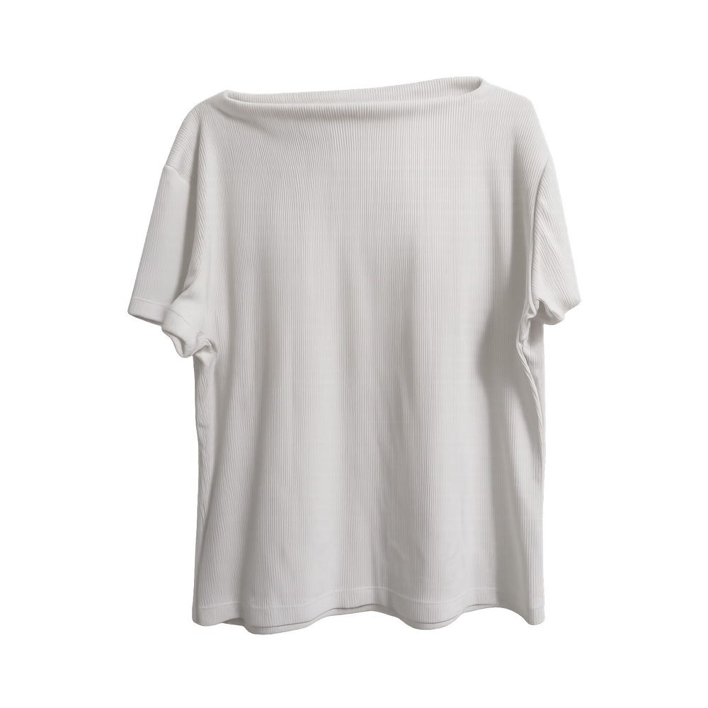 SHEIN Women's Ribbed Short Sleeve Top Medium White Boat Neck Casual Blouse